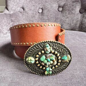 Harold’s Turquoise Embellished Western Belt – Studded Leather – Size 33”-37”